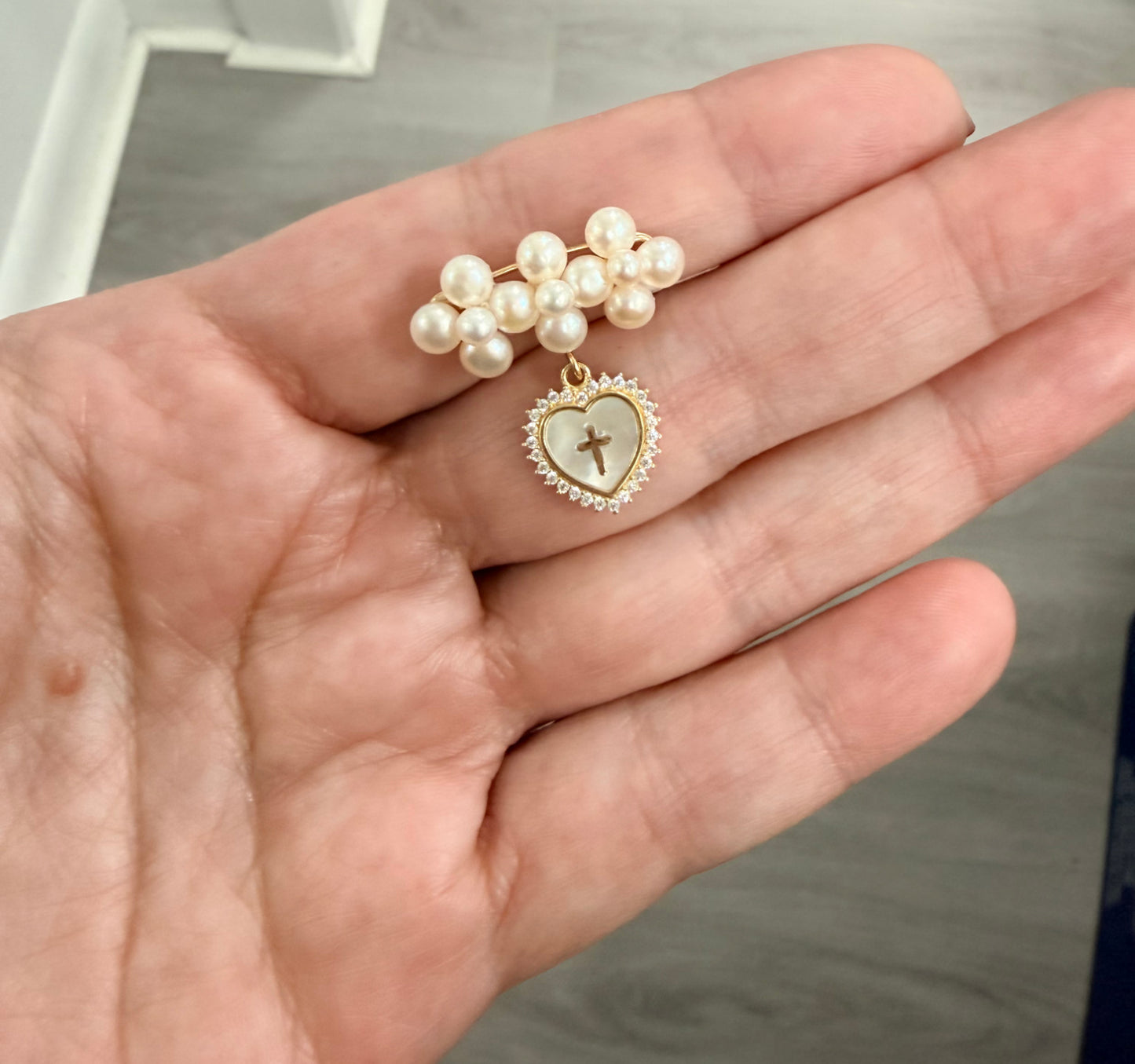 Pearl Cluster Baby Pin with Cubic Zirconia Mother of Pearl Heart Cross Medal