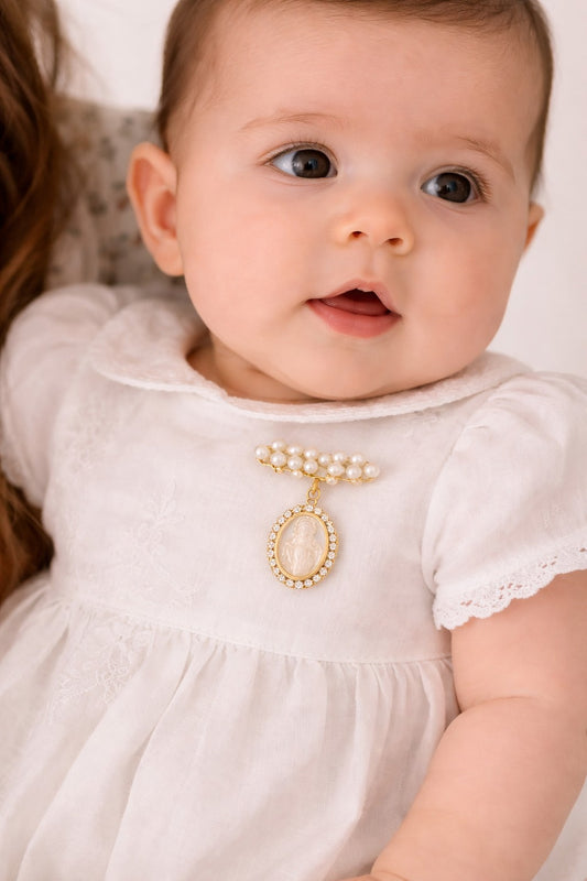 Pearl Bar Cluster Cubic Zirconia Mother of Pearl Miraculous Medal Baby Pin
