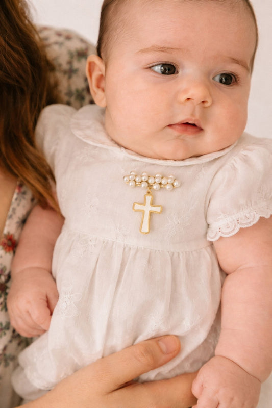 Pearl Cluster Baby Pin with Mother of Pearl Cross