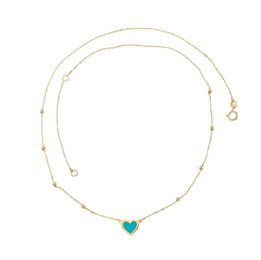 14K Gold Enamel Turquoise Heart with Beaded Chain Necklace