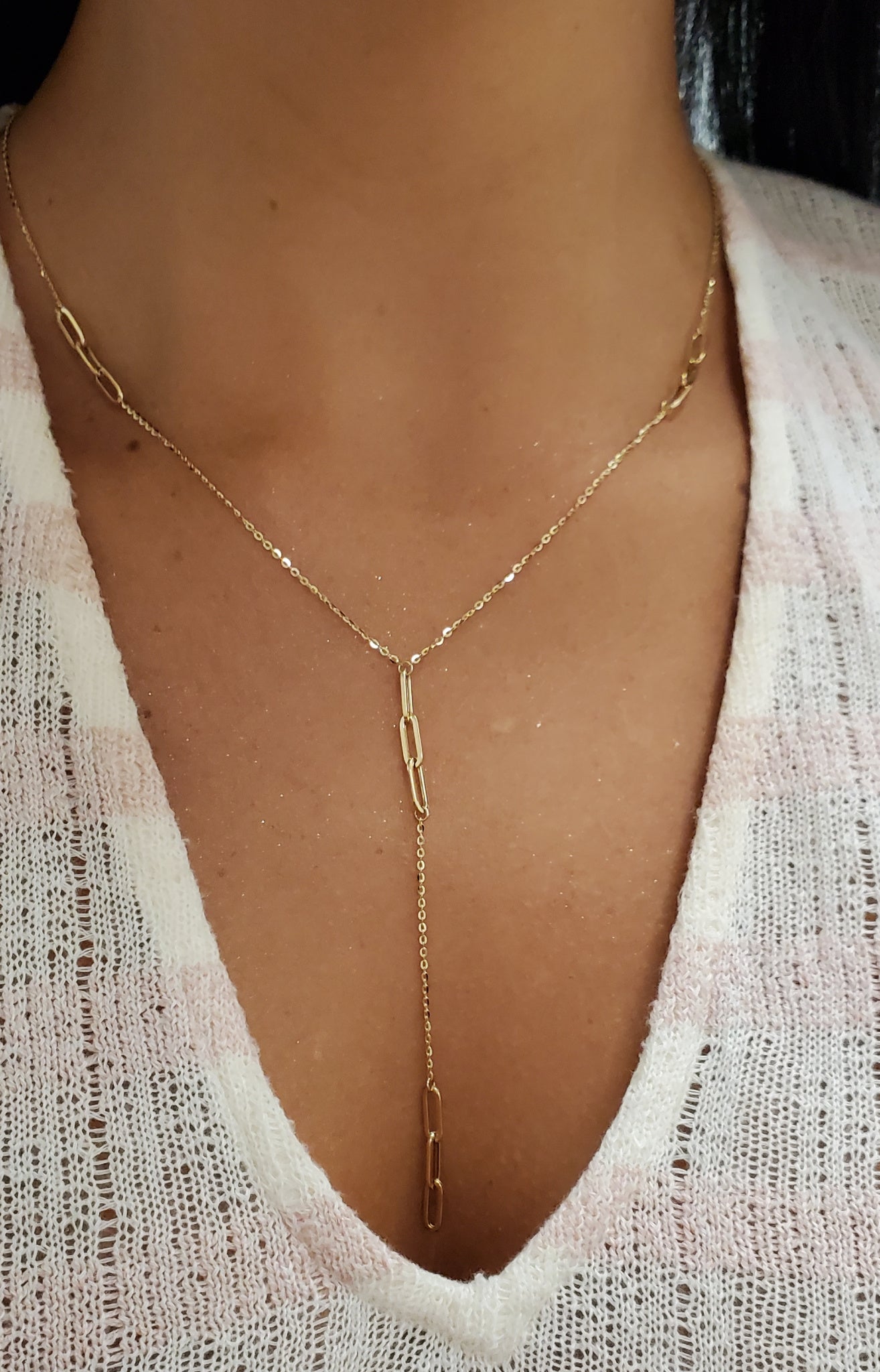 Lariat Paperclip and Cable Link Necklace