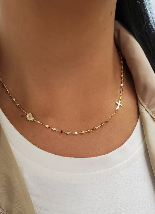 Miraculous and Cross Shiny Mirror Bead Rosary Necklace