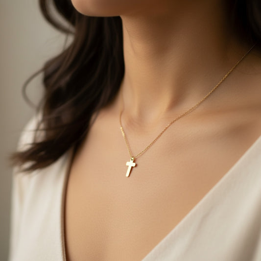 14K Gold Petite Rounded Flat Cross Necklace
