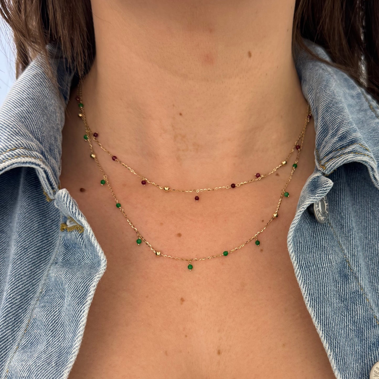 Red or Green Agate Color Stone Dangle And Bead Station Necklace
