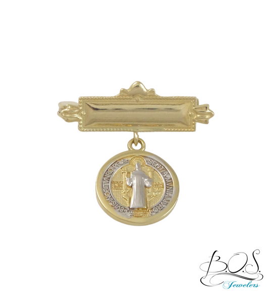 14K Gold Baby Bar Pin with two-toned Saint Benedict
