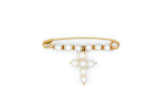 Pearl Baby Pin with Pearl Cross 14K Gold