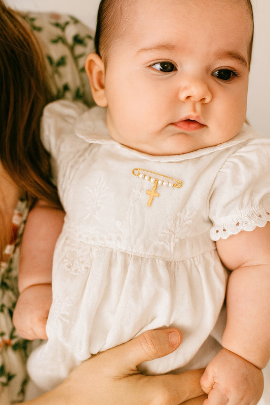 Pearl Baby Pin with Mini Gold Cross