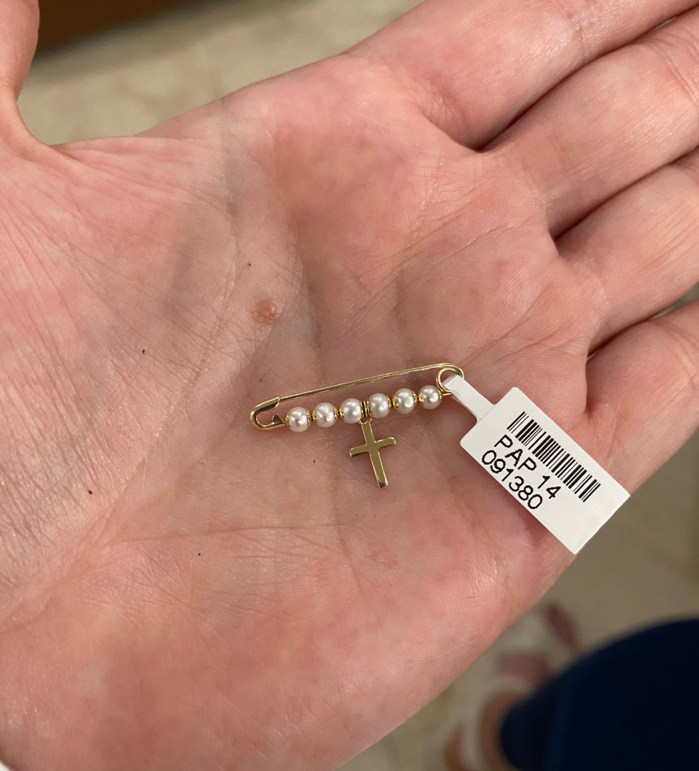 Pearl Baby Pin with Mini Gold Cross