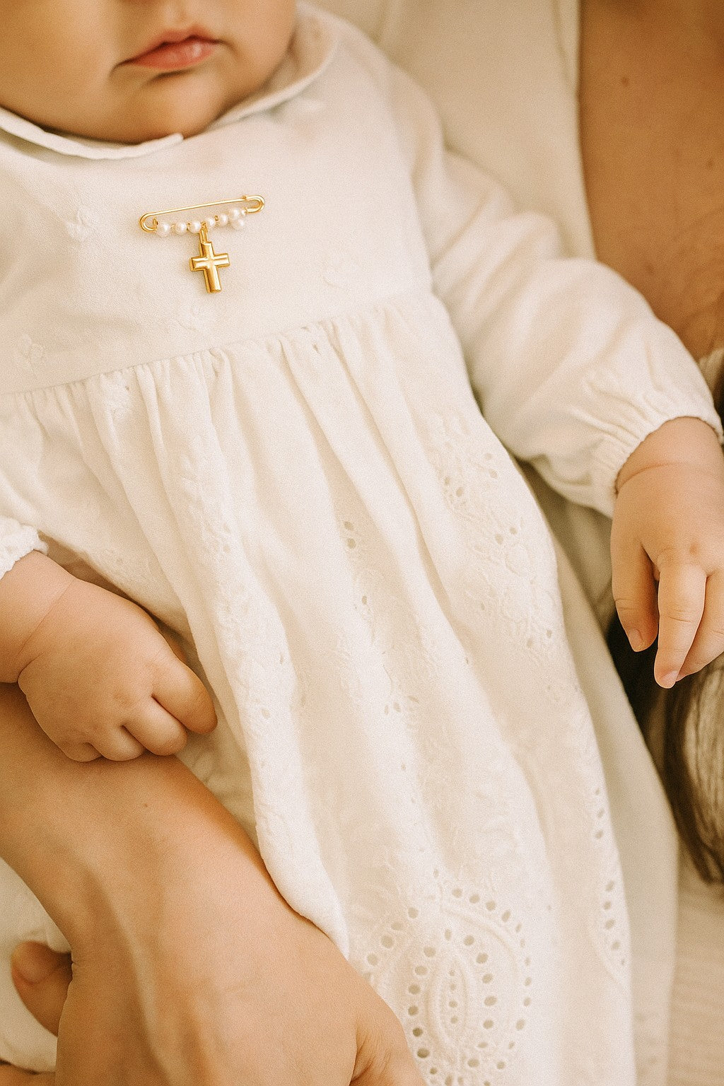 Pearl Baby Pin with Gold Domed Cross