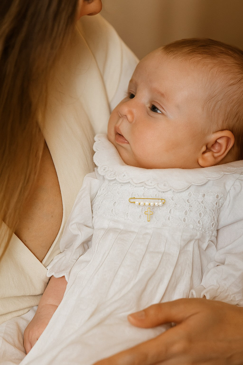 Pearl Baby Pin with Mother of Pearl Cross