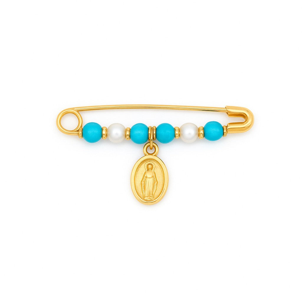 Pearl/Turquoise/Coral  Baby Pin with Miraculous Medal