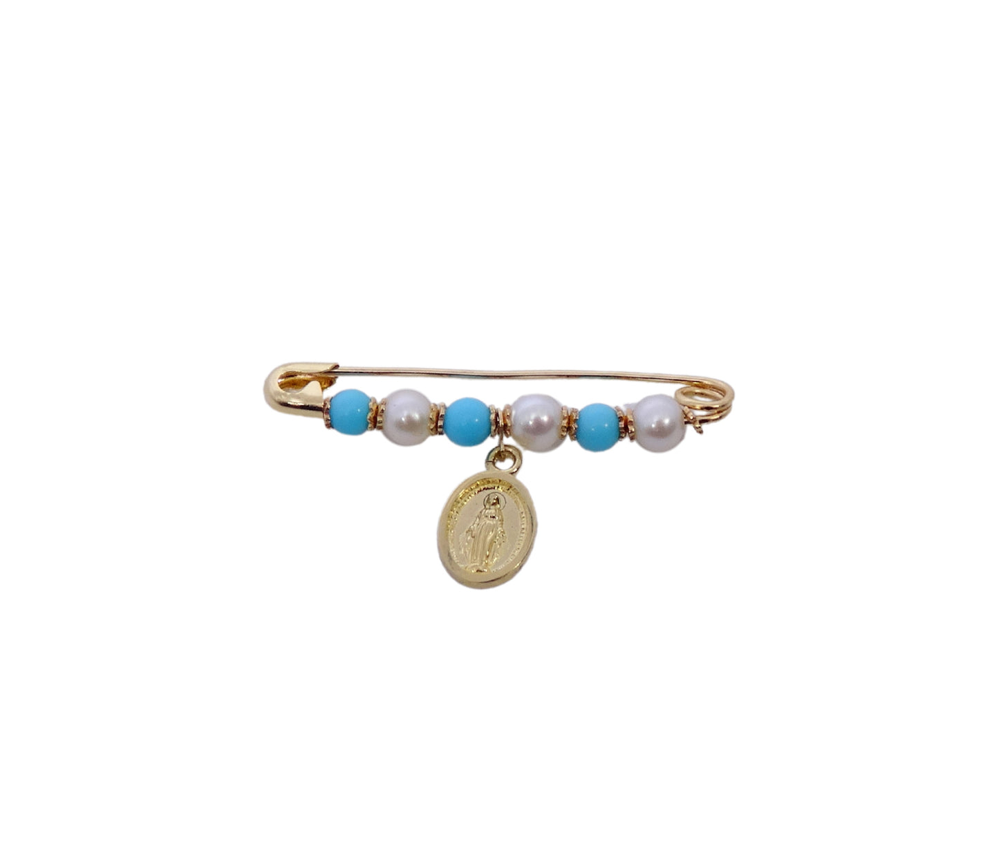 Pearl/Turquoise/Coral  Baby Pin with Miraculous Medal