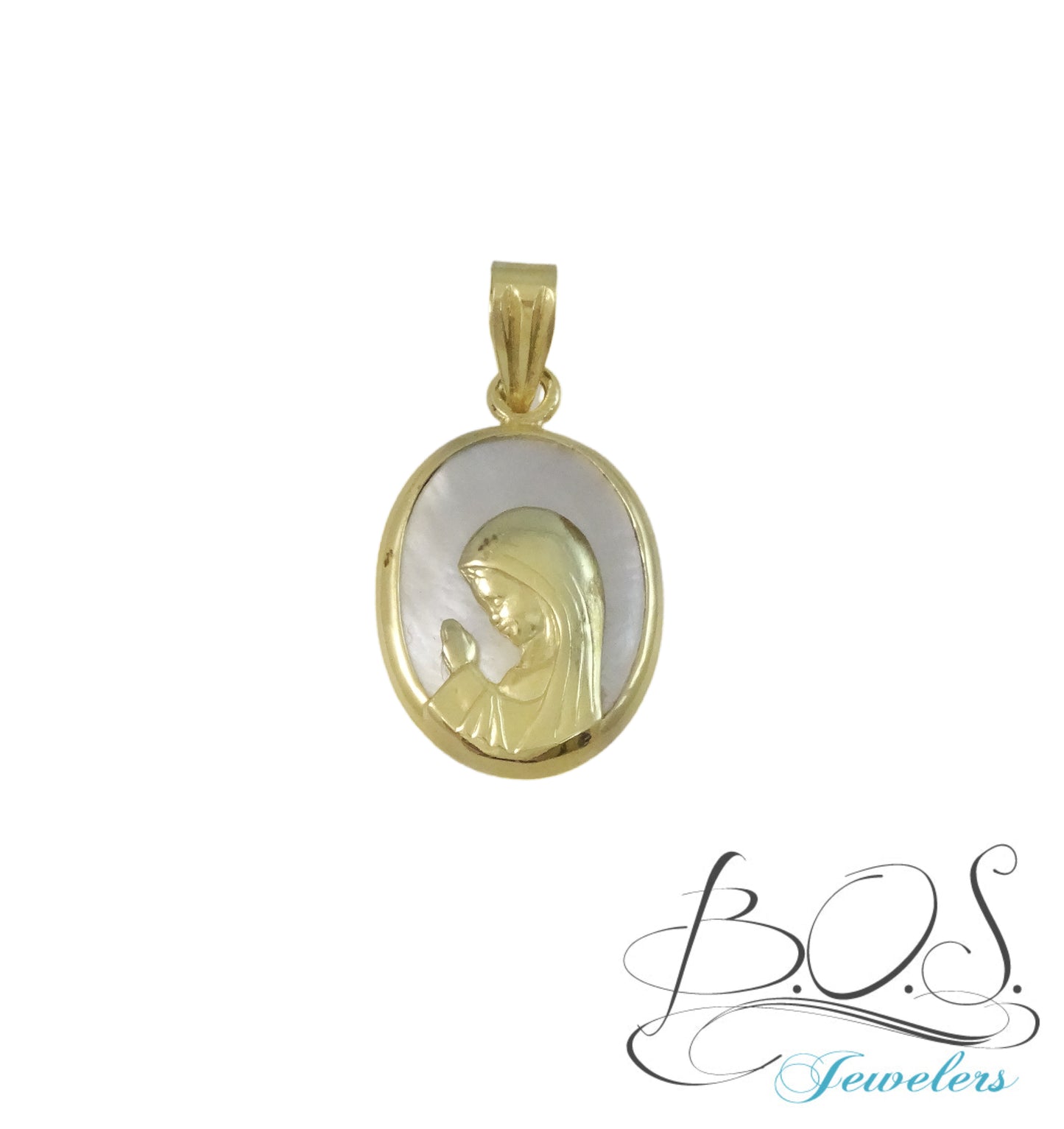 Oval Mother of Pearl with Gold Praying Virgin Mary Medal 14K Yellow Gold