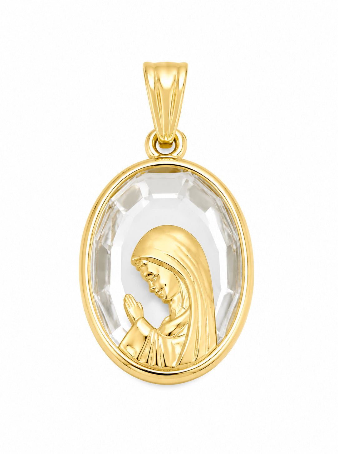 A gold pendant featuring a raised profile of the Virgin Mary in prayer, set within a clear Austrian clear faceted oval crystal frame, on a plain white background.