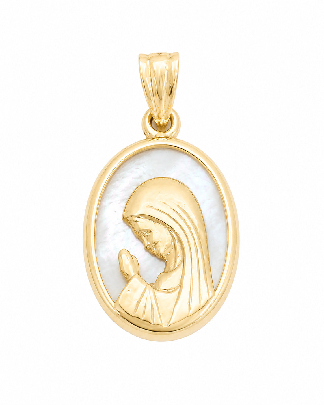 Oval Mother of Pearl with Gold Praying Virgin Mary Medal