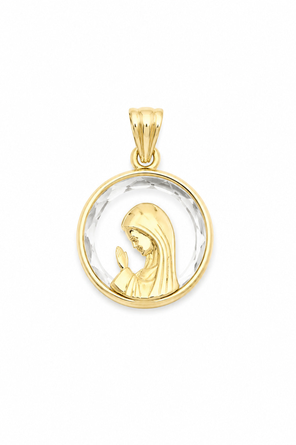 A gold pendant featuring a raised figure of the Virgin Mary inside a clear oval  crystal with a  gold bezel border, shown on a plain white background.