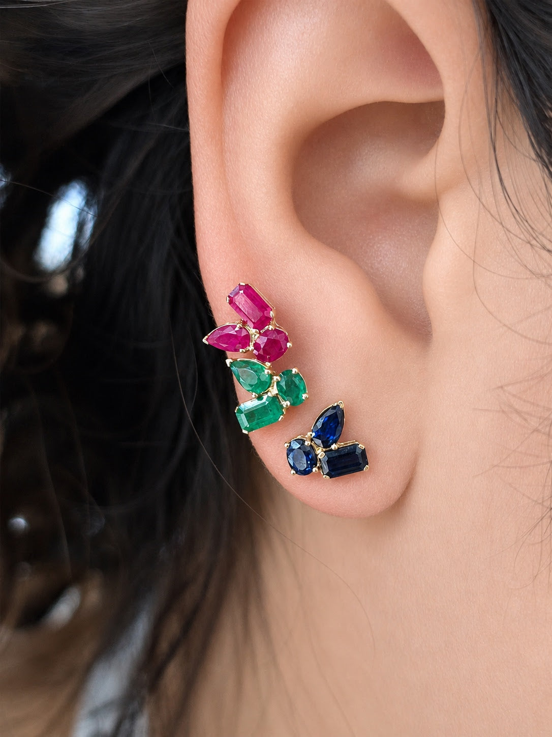 Trio Multi-Shape Freeform Color Stone Cluster Earrings