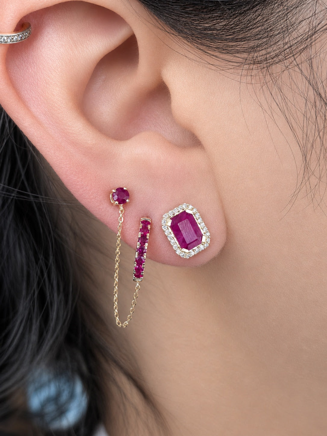 Emerald-Cut Color Stone Diamond Halo Earrings