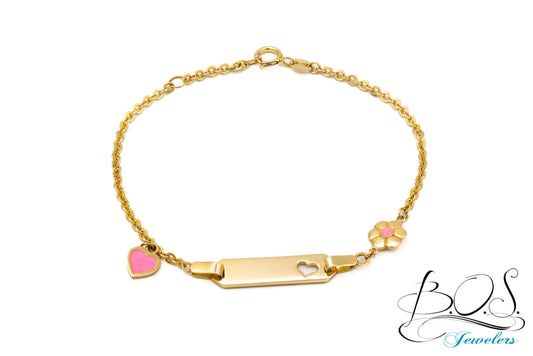 14K Gold Baby Bracelet with Single Pink Enamel Heart & Flower
