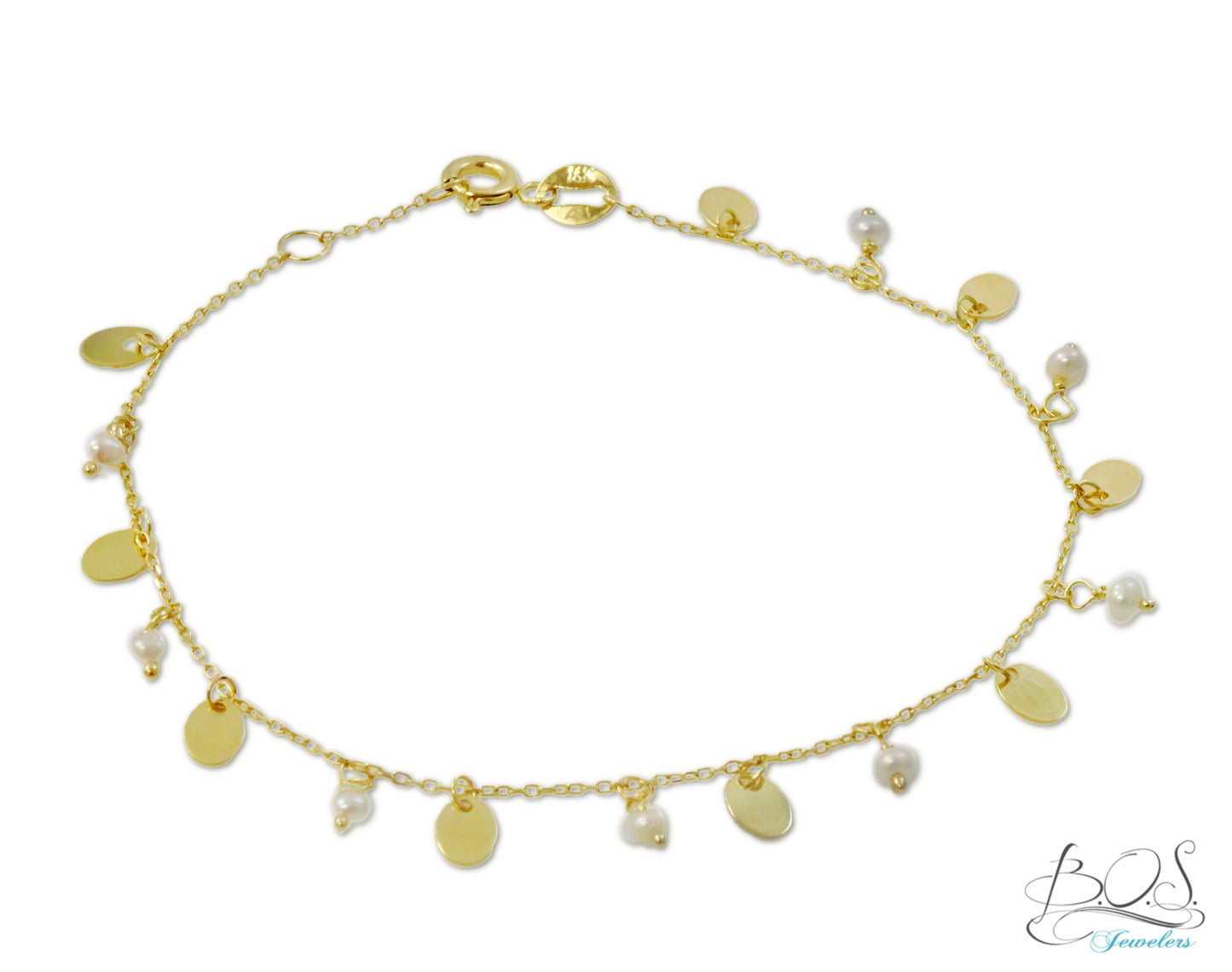 14K Gold Multi Oval Charms and Pearls Bracelet