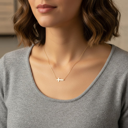 14K Gold Petite Sideways Cross Necklace