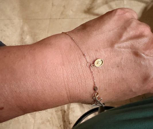 Mirror Bead Rosary Bracelet with Dangling Miraculous Medal and Cross