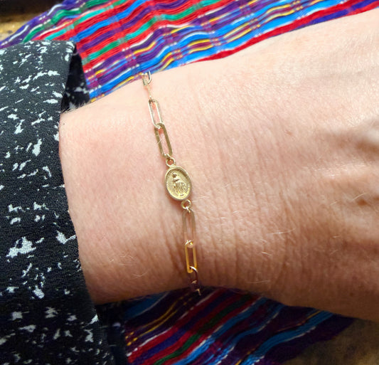 Miniature Miraculous Medal On Paper Clip Cable Chain Bracelet