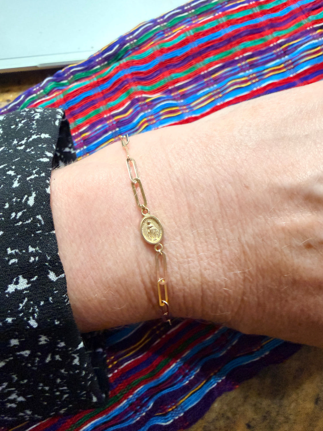 Miniature Miraculous Medal On Paper Clip Cable Chain Bracelet