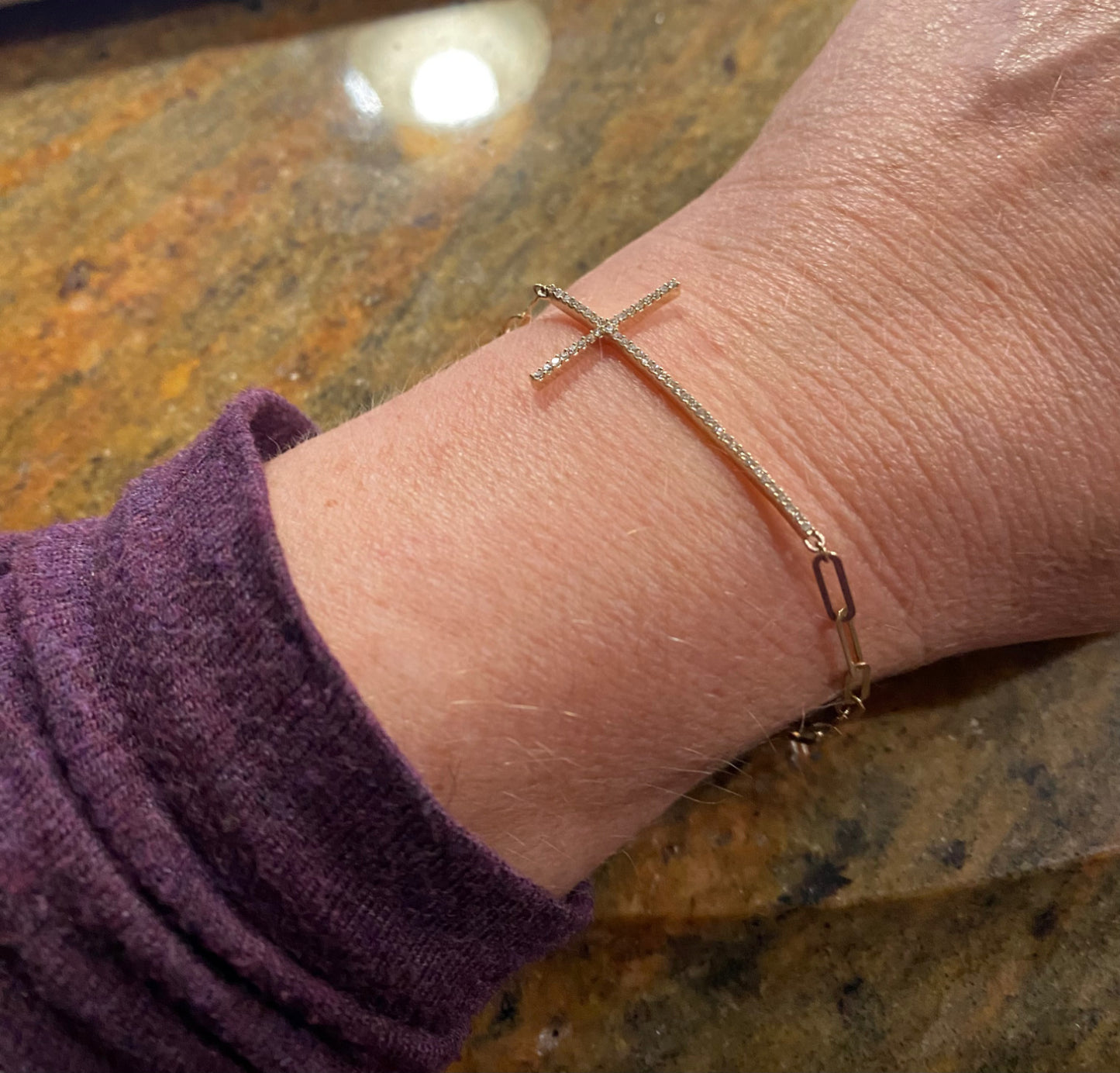Large Thin Diamond Cross on Paperclip Bracelet