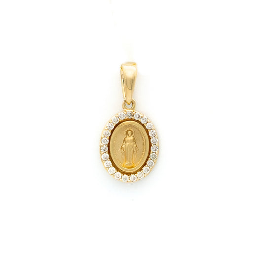 14K Gold Miniature Guadalupe/Miraculous Medal with Cubic Zirconia Frame