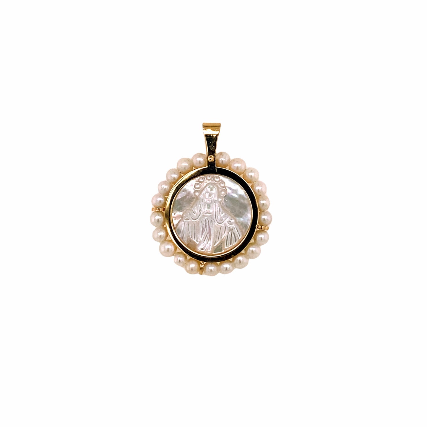 Round Mother of Pearl Miraculous Medal Pendant with Mini Pearl Frame