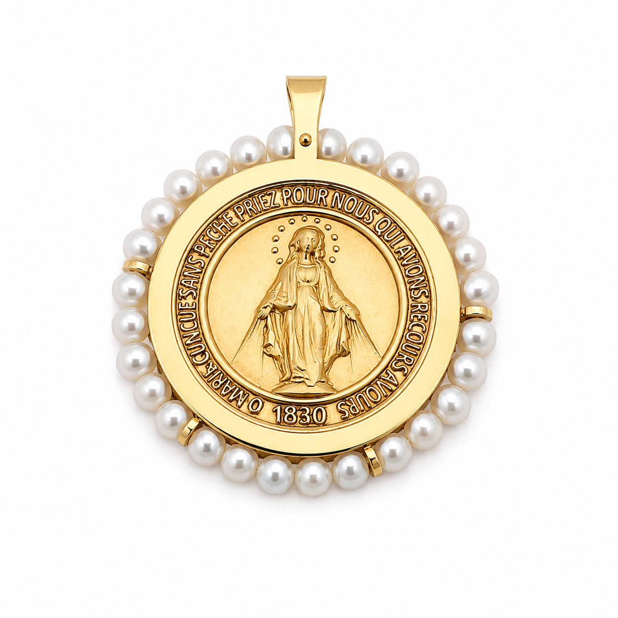 Large Round Miraculous Medal With Mini Pearls Pendant-23mm