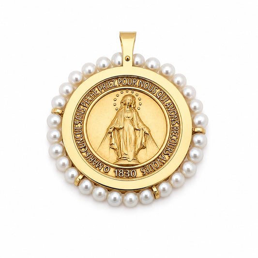 Large Round Miraculous Medal With Mini Pearls Pendant-23mm