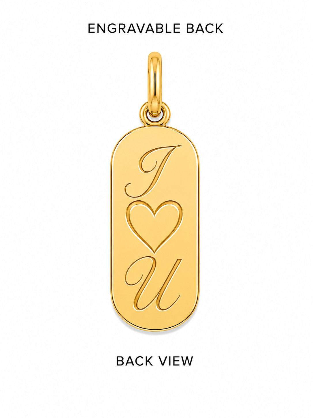 Gold pendant with 'I ❤️ U' engraving on an engravable back, on a white background.