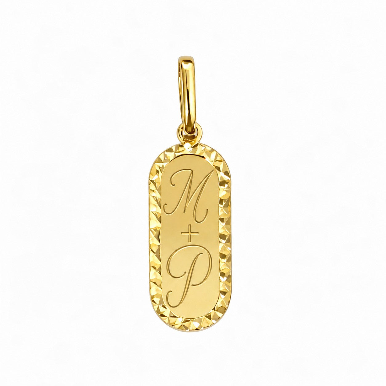 Gold pendant with engraved initials on a white background