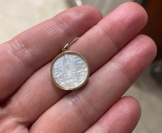 Round Mother of Pearl Our Lady of Fatima Medal Engravable Pendant