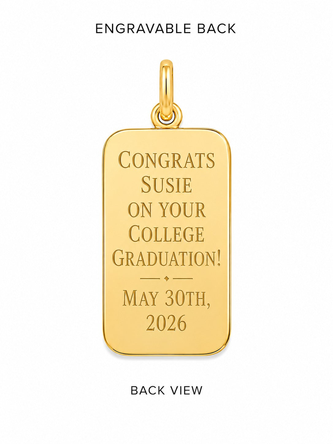 Gold pendant with engraved message on a white background