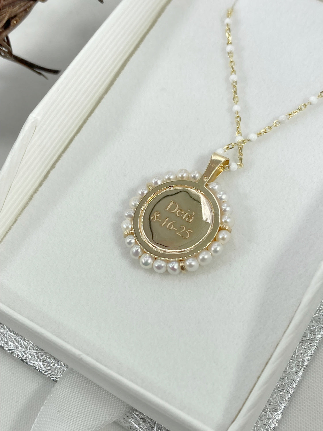 Round Mother of Pearl Miraculous Medal Pendant with Mini Pearl Frame