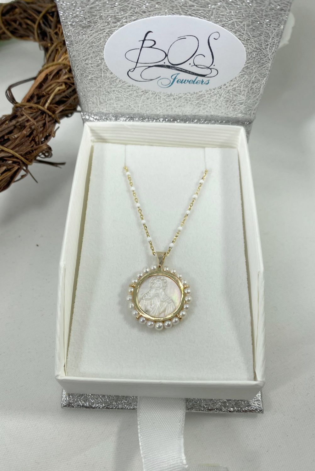 Round Mother of Pearl Miraculous Medal Pendant with Mini Pearl Frame