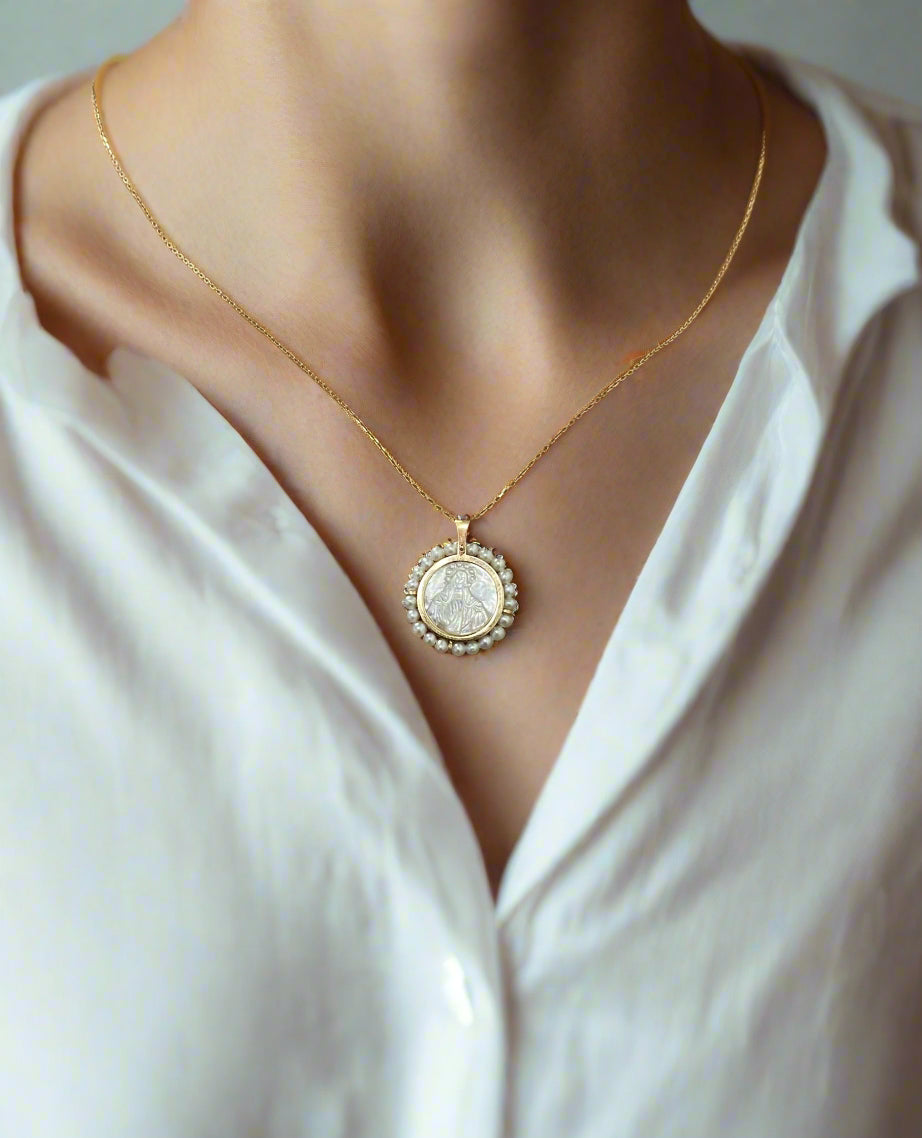 woman v neck with medal mother of pearl Miraculous