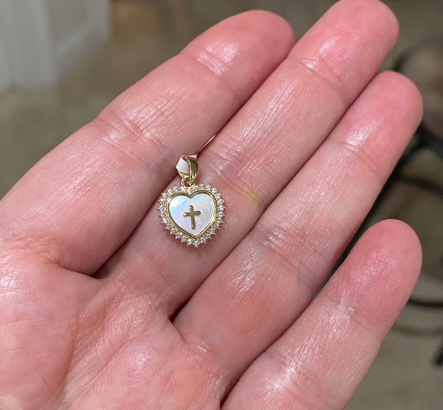 Mother of Pearl Heart Pendant with CZ Halo & Cross – 12mm