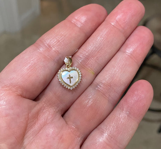 Mother of Pearl Heart Pendant with CZ Halo & Cross – 12mm