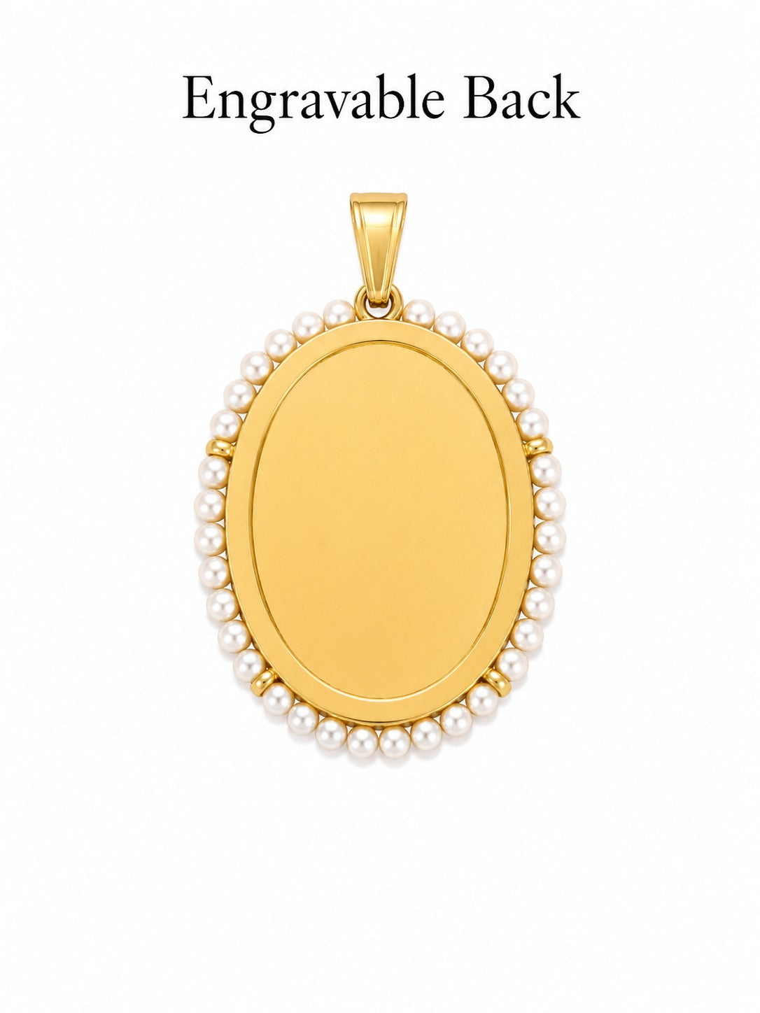 Back View of Gold Miraculous medal  pendant with pearl accents on a white background