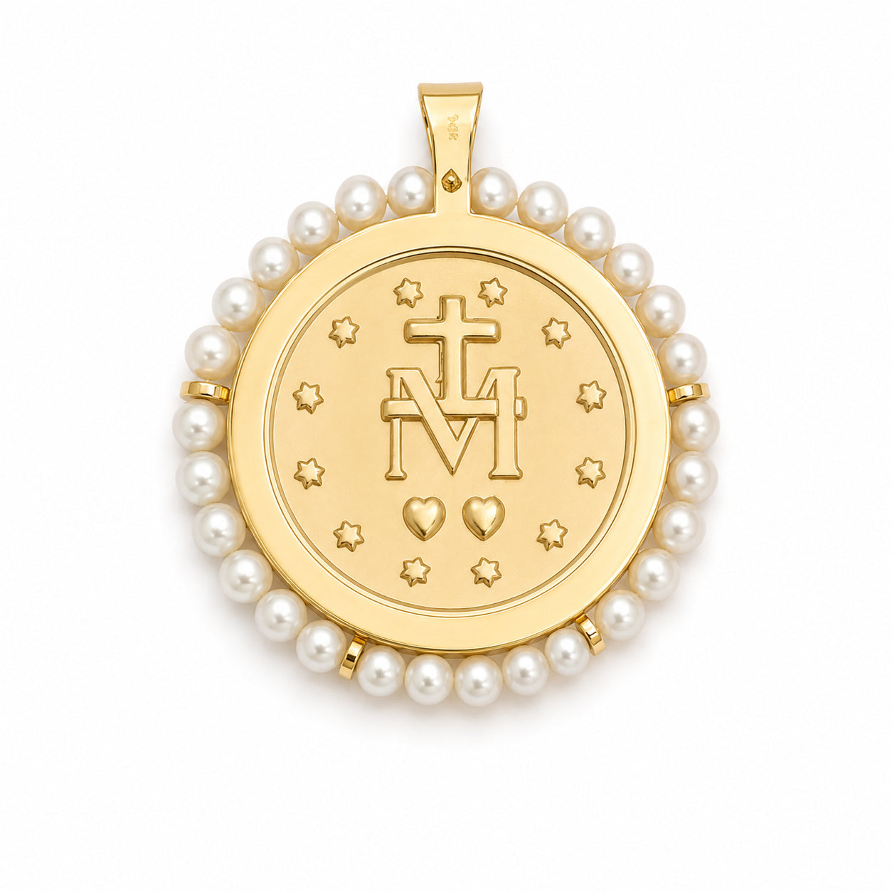 Large Round Miraculous Medal With Mini Pearls Pendant-23mm
