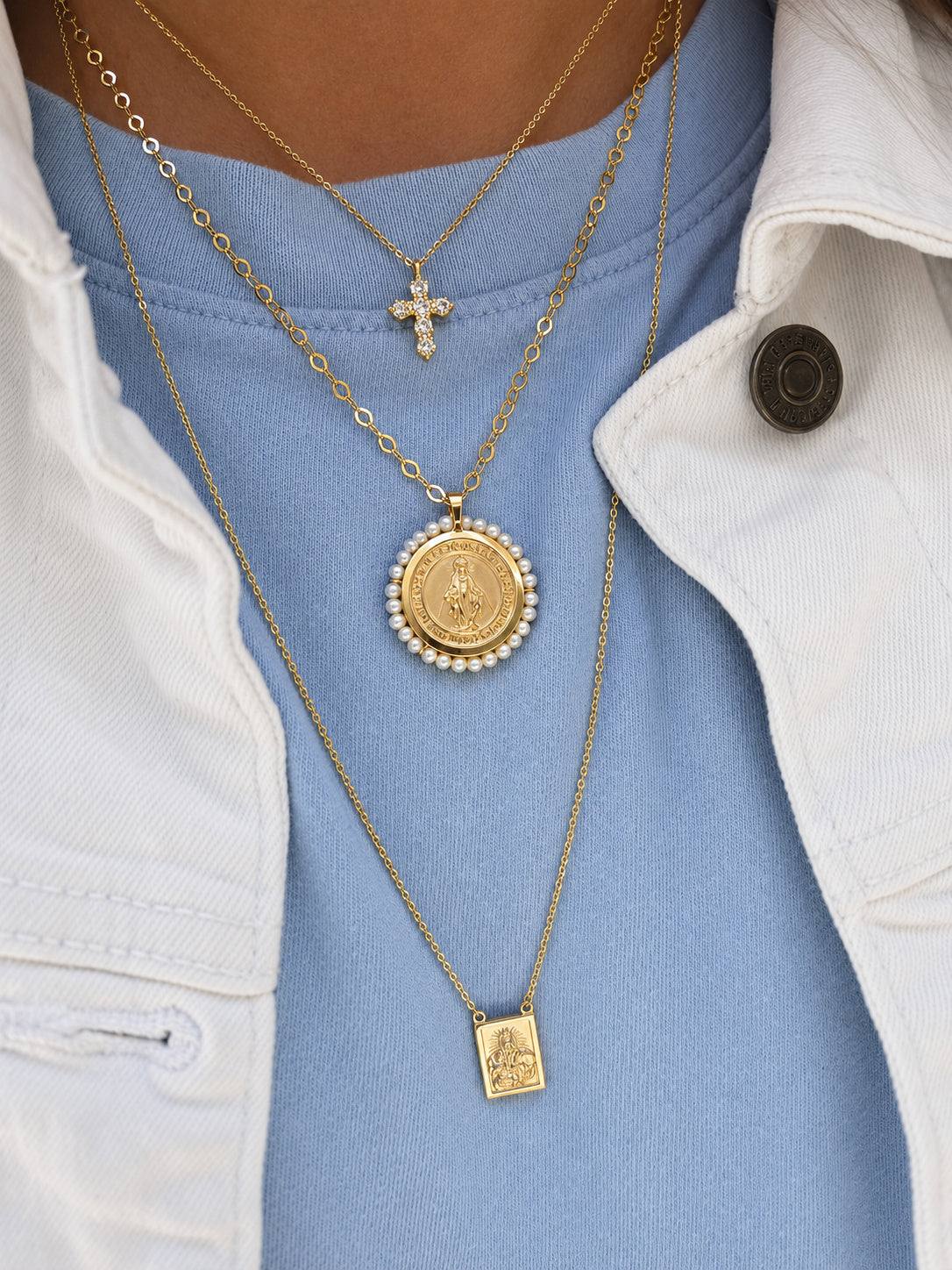 Large Round Miraculous Medal With Mini Pearls Pendant-23mm
