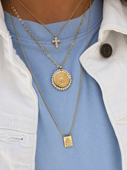 Large Round Miraculous Medal With Mini Pearls Pendant-23mm