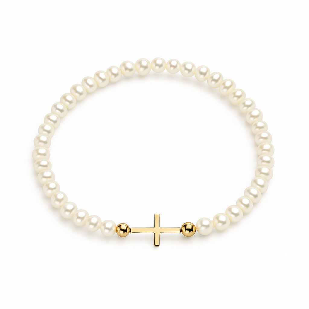 Mini Gold Cross & Freshwater Pearl Bracelet