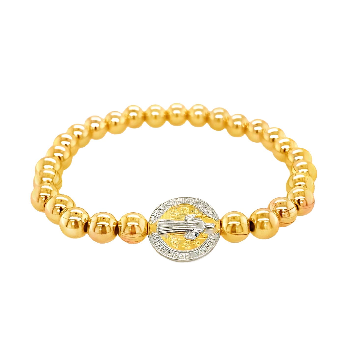 Saint Benedict Medal Gold Filled Bead Elastic Bracelet (14MM)