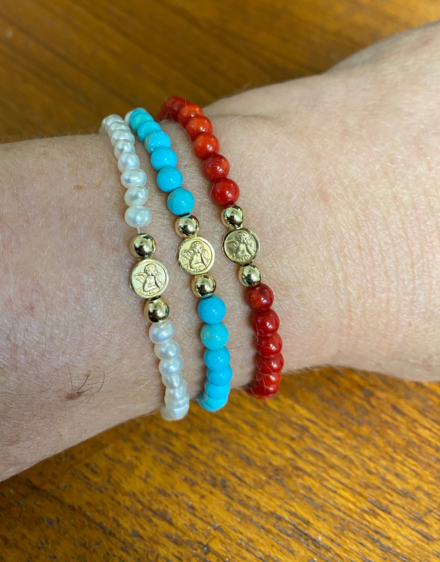 Mini Guardian Angel Pearl, Turquoise, Coral Elastic Bracelet (6.0MM)