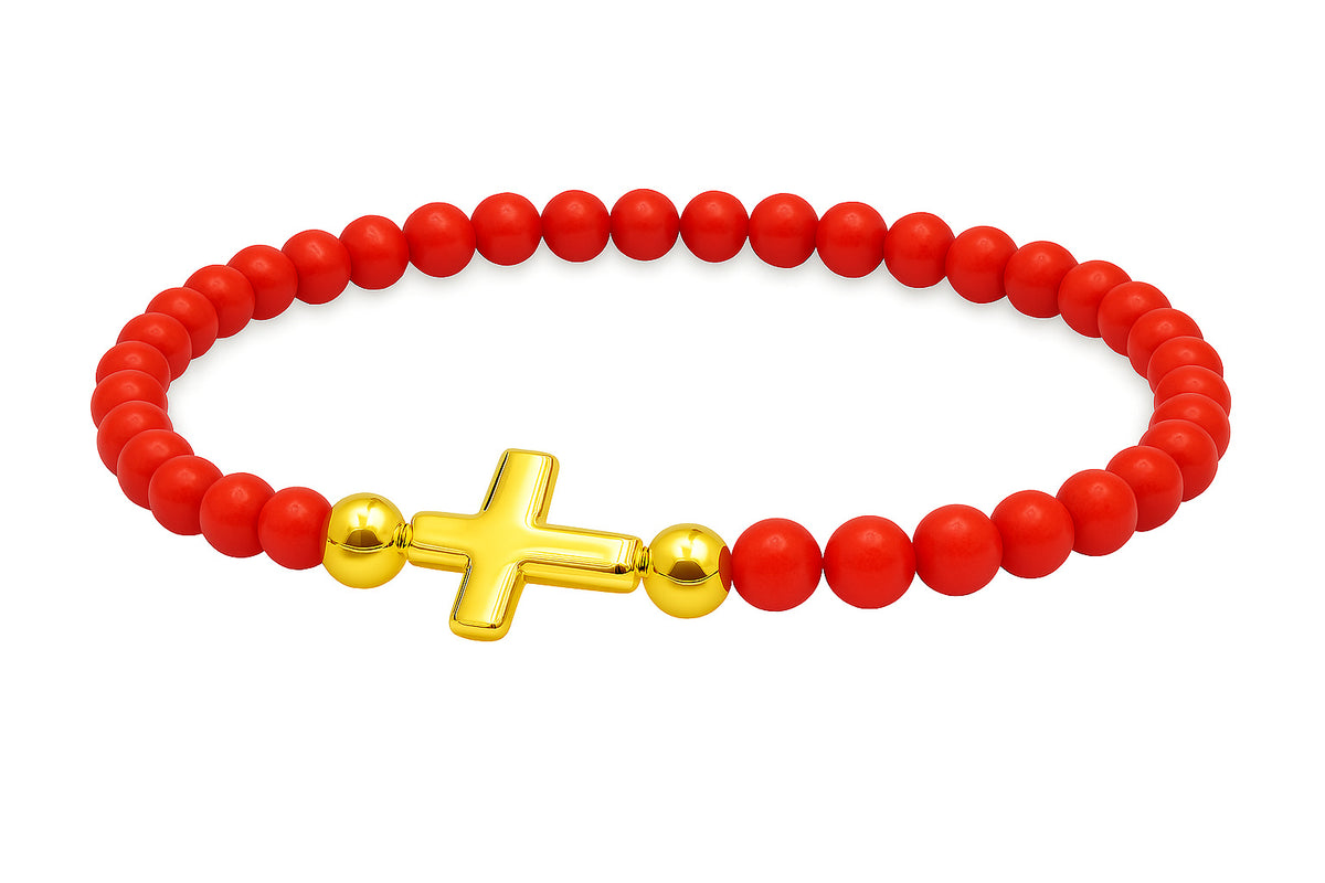 Cross Puff Charm on Elastic Gemstone Bracelet